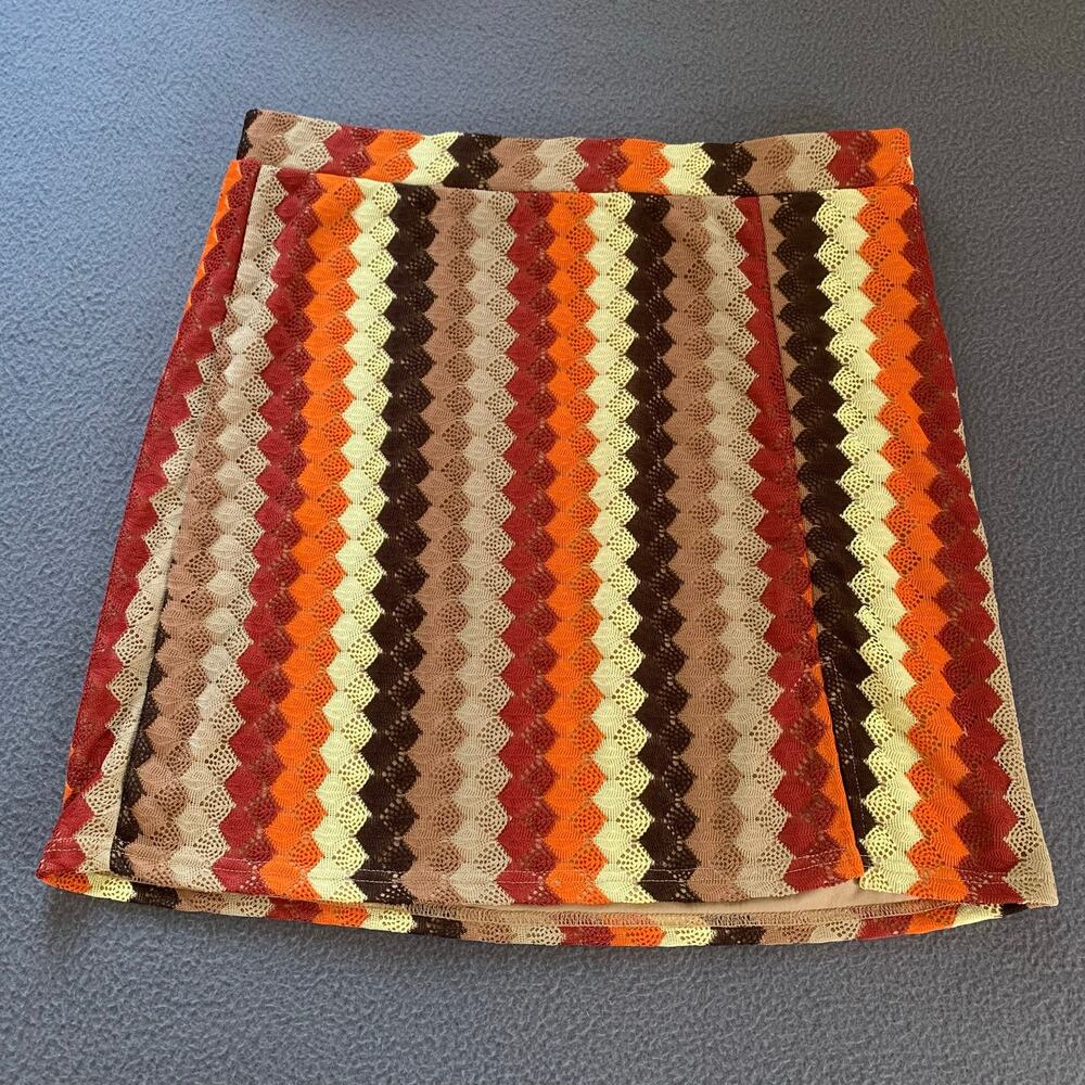 Retro Brown Orange Lace Striped Pull On Elastic Waist Skirt Thigh Slit 2XL 70s